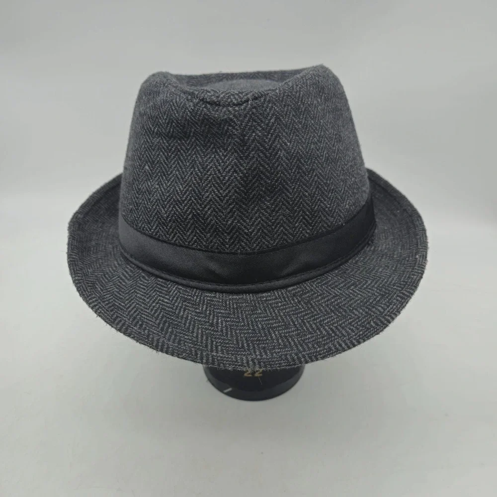 Hipster Fedora Hat Mens Small Medium Gray Polyester‎ Herringbone Black Band